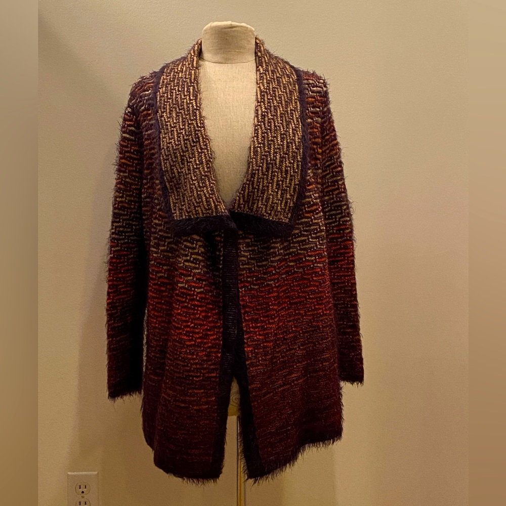 Nic+Zoe Womens Umbre Textured Long Knit Cardigan/ Red Tan Brien Blue / Size L